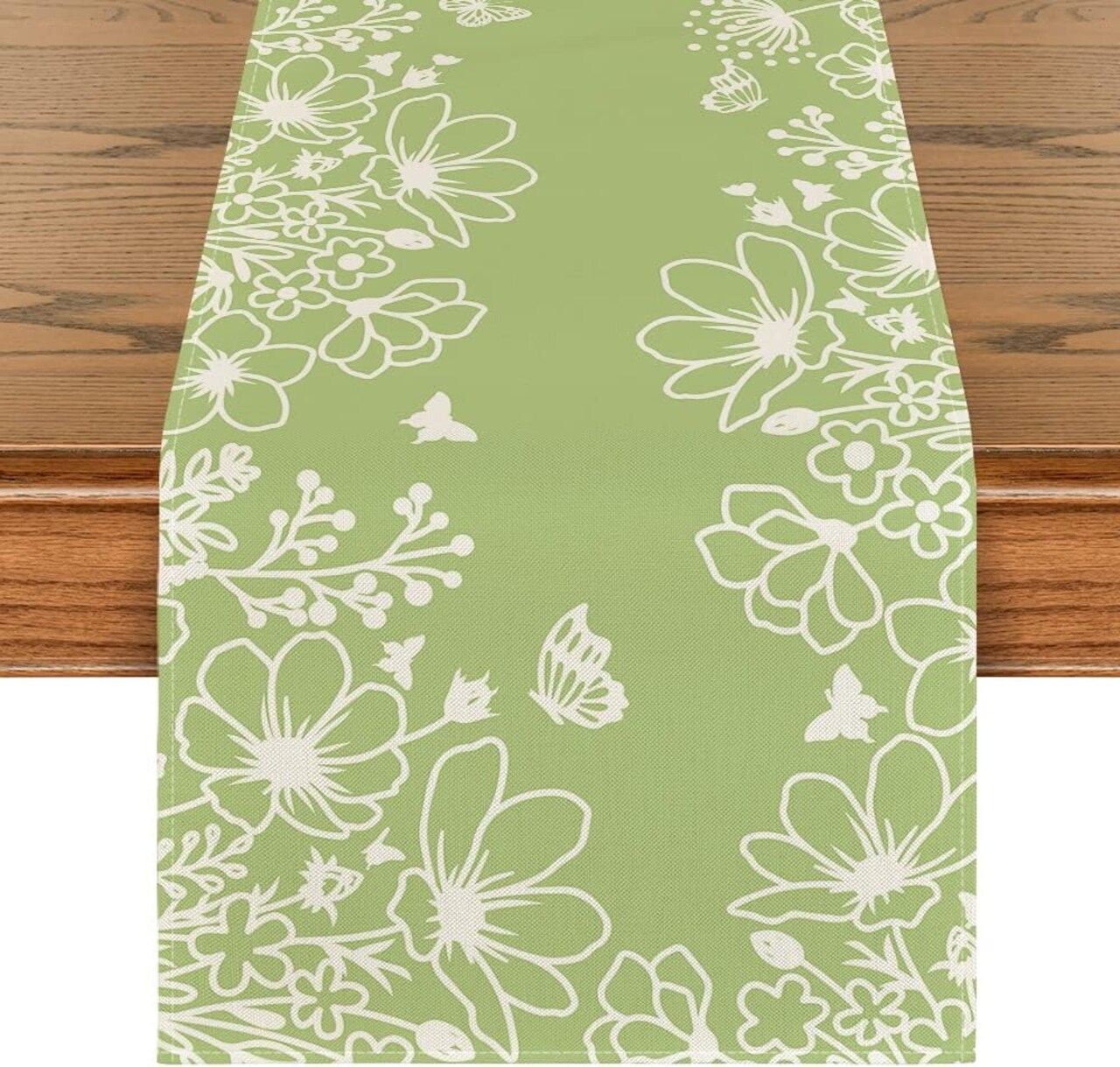 13x72” Green Bloom Flowers & Butterfly Table Runner – Spring/Holiday Home Decor